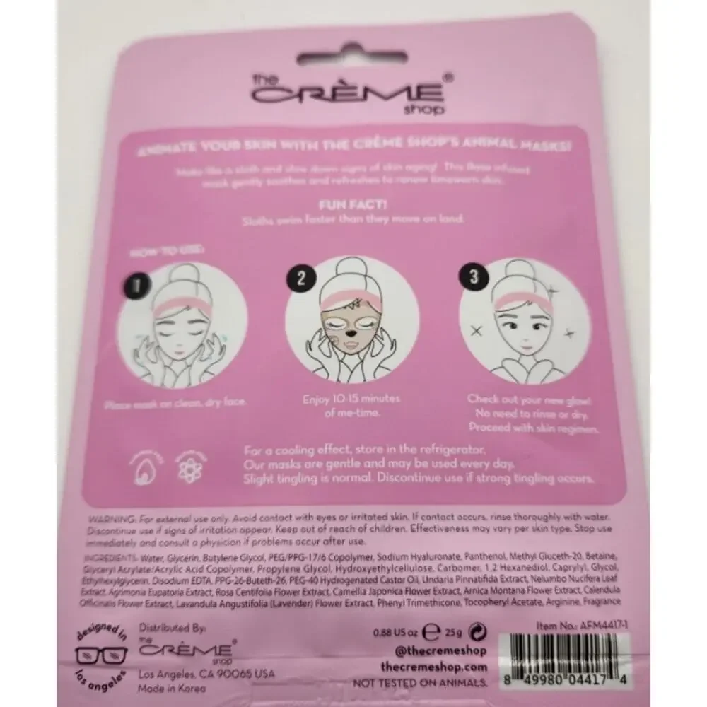 The Crème Shop Animated Sloth Face Mask, Korean, Hydrate, Anti-Aging, 2 Pack